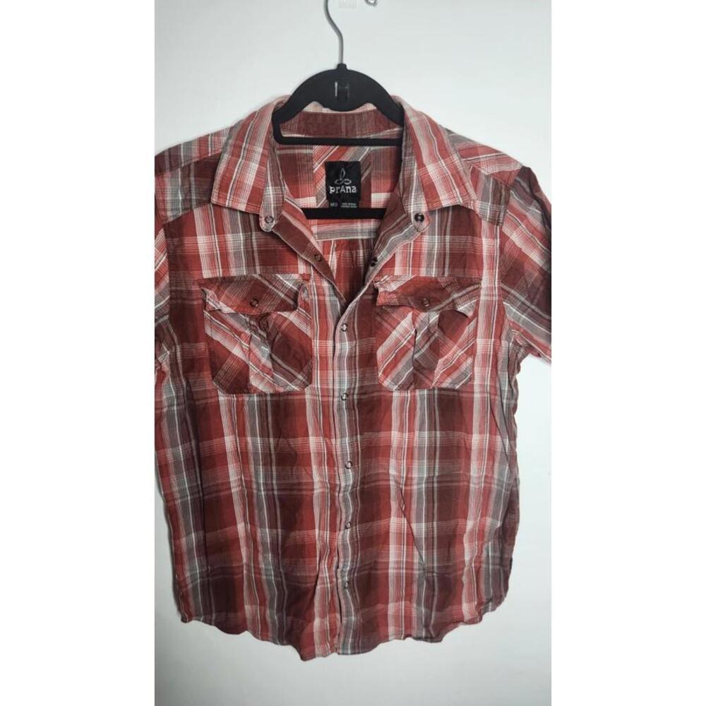 Prana Men Plaid Button Down Short Sleeve Shirt Size M Academia Casual - Picture 2 of 5